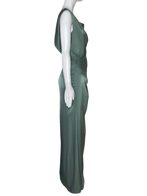 Vestido Maniju Satinado Fluido Verde-Talla M