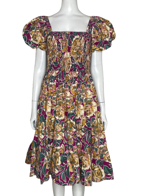 Vestido Listicle Mangas Puff Floral Fucsia - Talla S