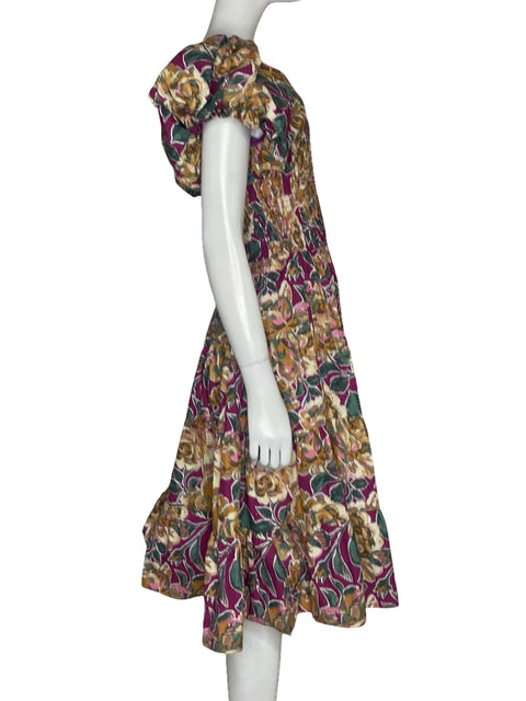 Vestido Listicle Mangas Puff Floral Fucsia - Talla S