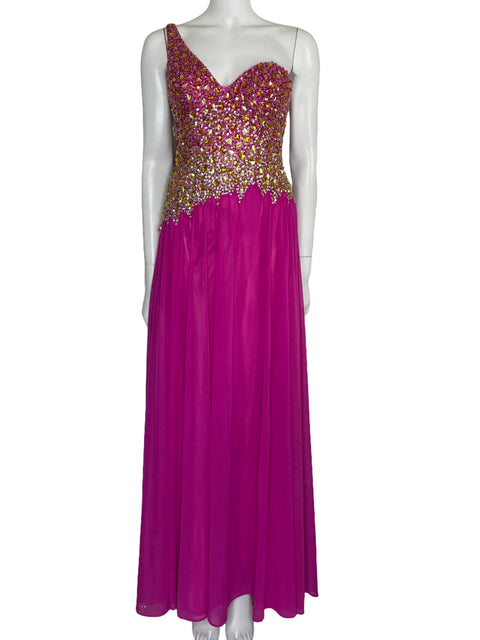 Vestido Terani Couture Pedrería One Shoulder Rosado-Talla 2