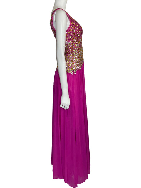 Vestido Terani Couture Pedrería One Shoulder Rosado-Talla 2