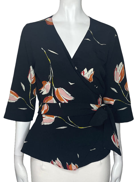 Blusa Zara Cruzado Flores Negro-Talla S