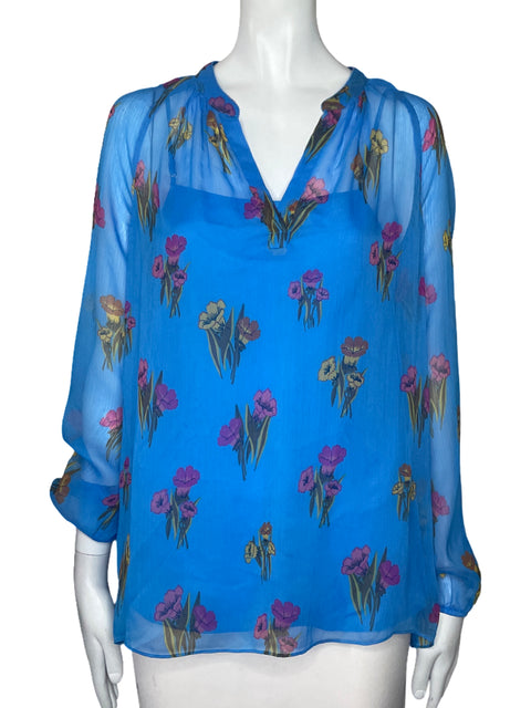 Blusa Escada Sport Flores Mangas Azul-Talla 34