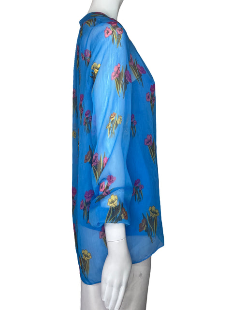 Blusa Escada Sport Flores Mangas Azul-Talla 34