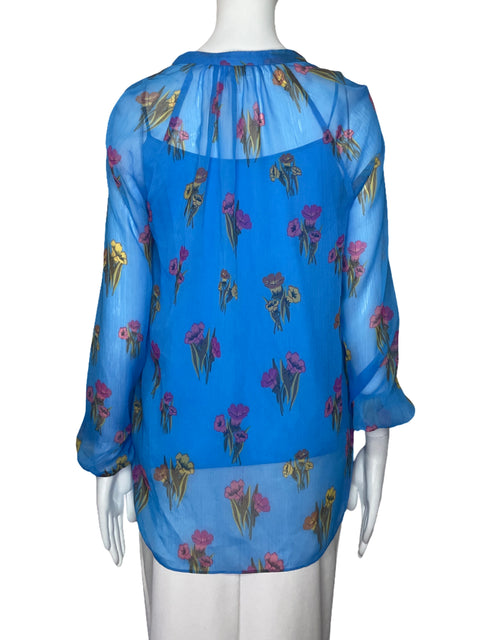 Blusa Escada Sport Flores Mangas Azul-Talla 34