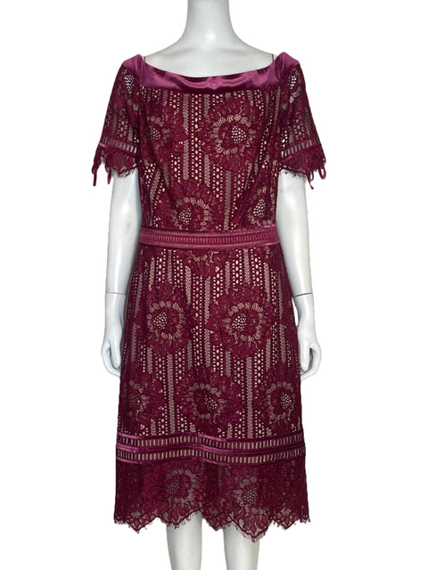 Vestido Tadashi Shoji Off Shoulder Encaje Rojo Vino - Talla 14