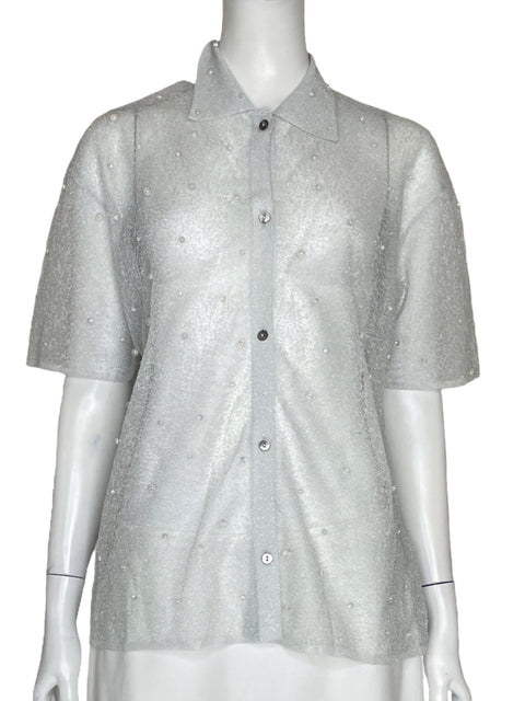 Blusa Zara Perlas Transparencia Plateado-Talla M