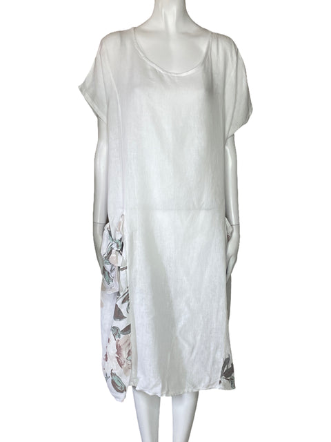 Vestido Puro Lino Bolsillo Lazo Blanco-Talla L