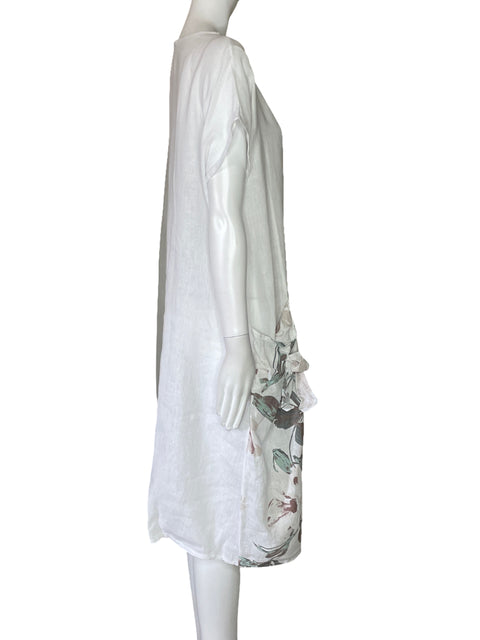 Vestido Puro Lino Bolsillo Lazo Blanco-Talla L