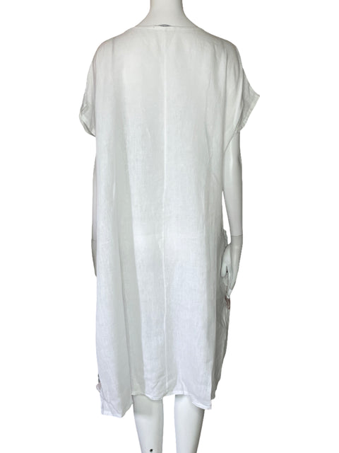 Vestido Puro Lino Bolsillo Lazo Blanco-Talla L