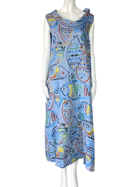 Vestido Made in Italy Estampado Peces Azul-Talla L