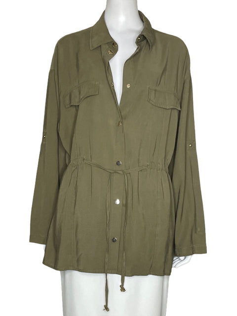 Blusa Zara Lino Botones Verde - Talla XL
