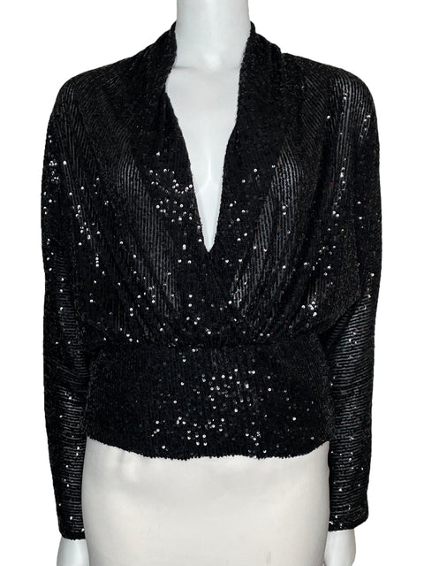 Blusa Zara Lentejuelas Manga Larga Negro-Talla S