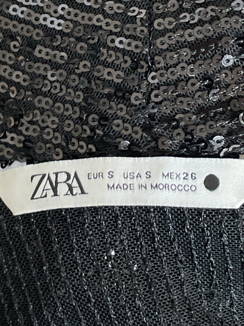 Blusa Zara Lentejuelas Manga Larga Negro-Talla S