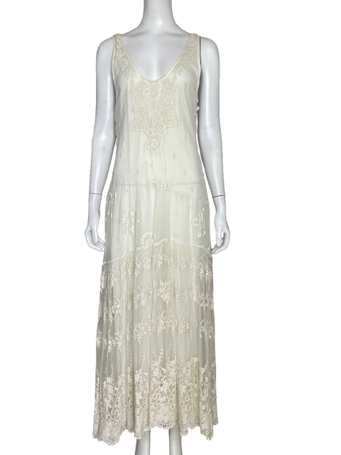 Vestido Zara Maxi Bordados Beige - Talla L