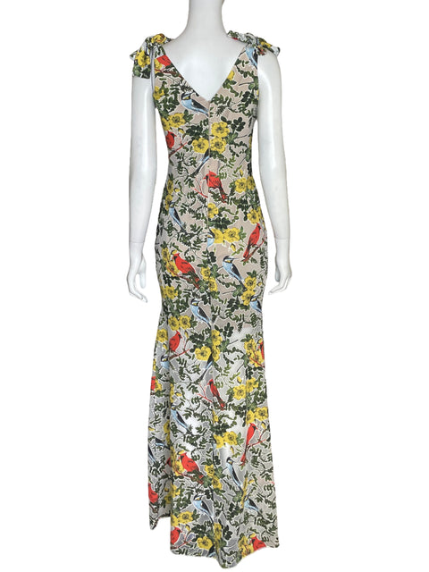Vestido Carmen Steffens Tiras Flores Maxi Beige - Talla M