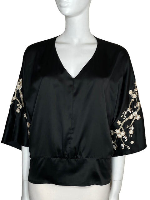 Blusa New York & Company Satinada Bordada Negro-Talla M