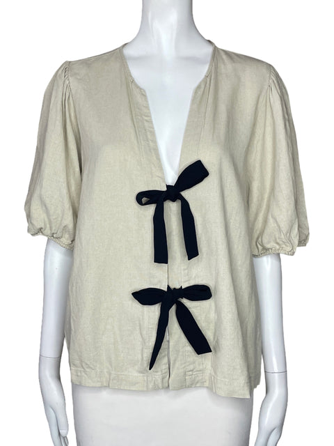 Blusa Zara Dos Lazos Mangas Puff Beige-Talla XL