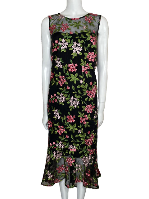 Vestido Calvin Klein Bordado Floral Midi Negro-Talla 16
