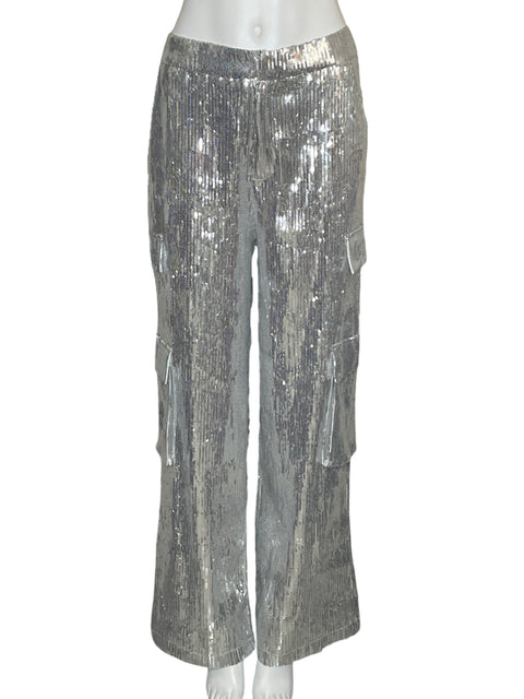 Pantalón Tea & Cup Lentejuelas Cargo Plateado-Talla M