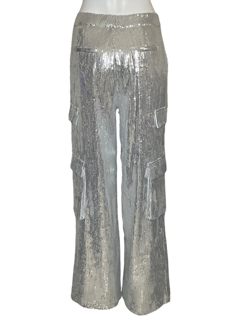 Pantalón Tea & Cup Lentejuelas Cargo Plateado-Talla M