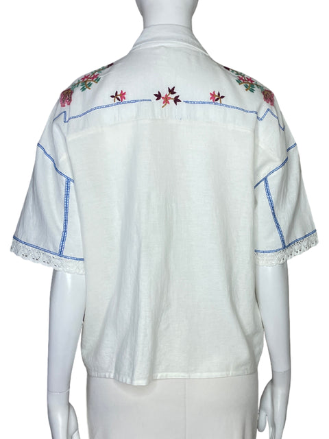 Camisa Lolita Bordado Flores Blanco-Talla M