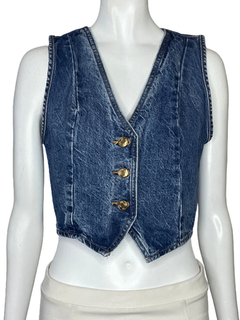 Top Zara Denim Tres Botones Azul-Talla XS