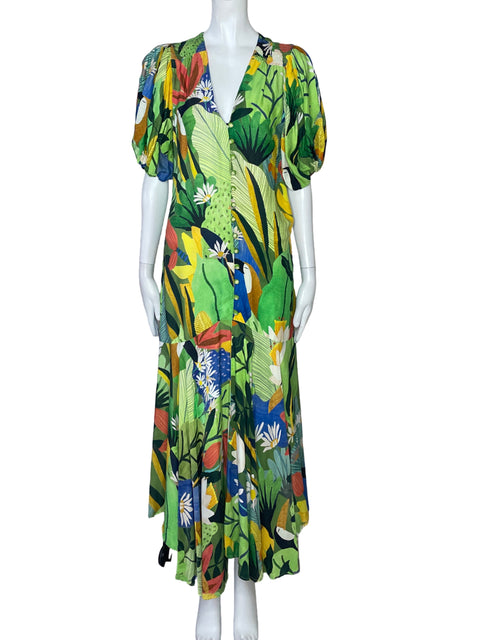 Vestido FarmRio Flores Mangas Puff Verde-Talla S