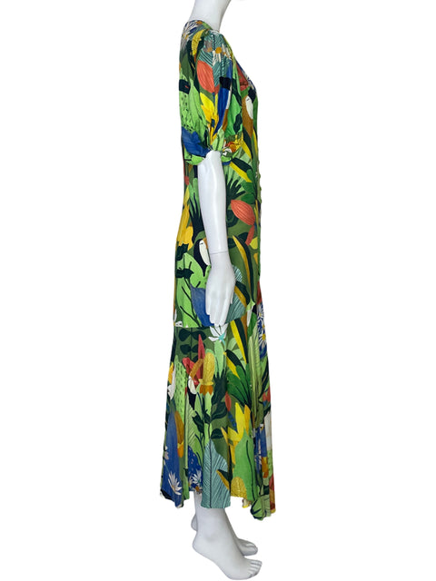 Vestido FarmRio Flores Mangas Puff Verde-Talla S