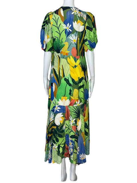 Vestido FarmRio Flores Mangas Puff Verde-Talla S