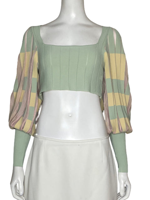 Top Zara Acanalado Mangas Puff Verde - Talla S