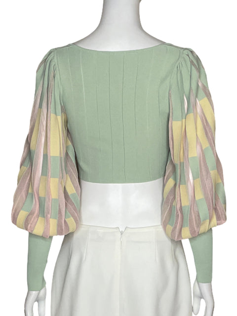 Top Zara Acanalado Mangas Puff Verde - Talla S