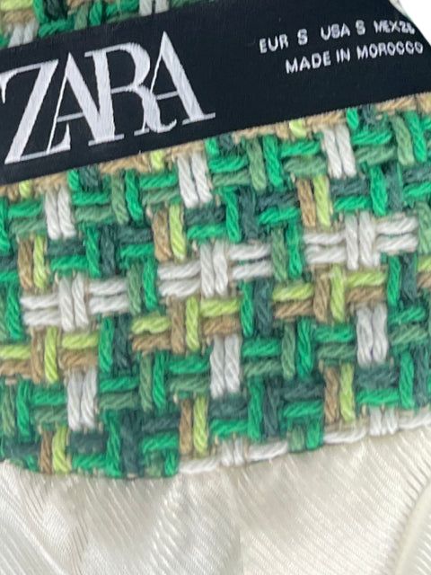Blazer Zara Tweed Cuadros Mangas Larga Verde - Talla S