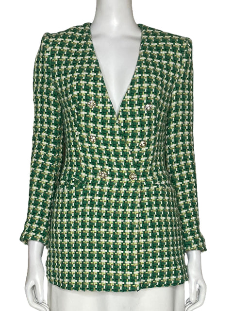 Blazer Zara Tweed Cuadros Mangas Larga Verde - Talla S