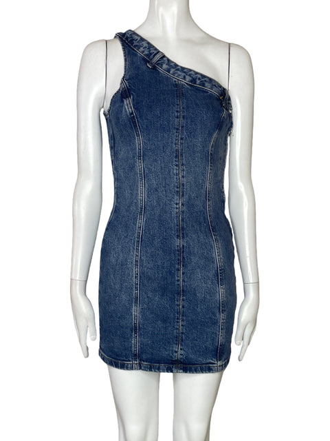 Vestido Zara Denim One Shoulder Azul-Talla XS