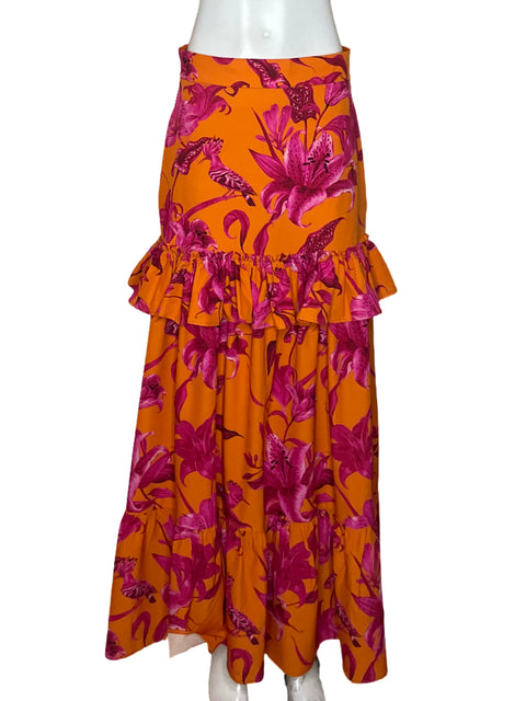 Falda Bianco Midi Flores Naranja - Talla M
