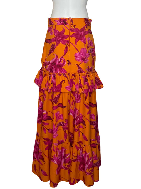 Falda Bianco Midi Flores Naranja - Talla M