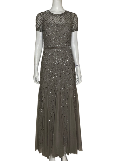 Vestido De Fiesta Adrianna Papell Largo Brillo Plateado - Talla 6