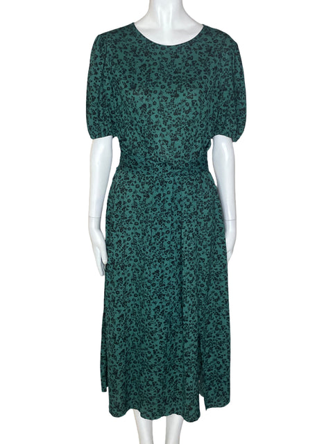 Vestido Zara Estampado Abullonado Fajon Verde - Talla L