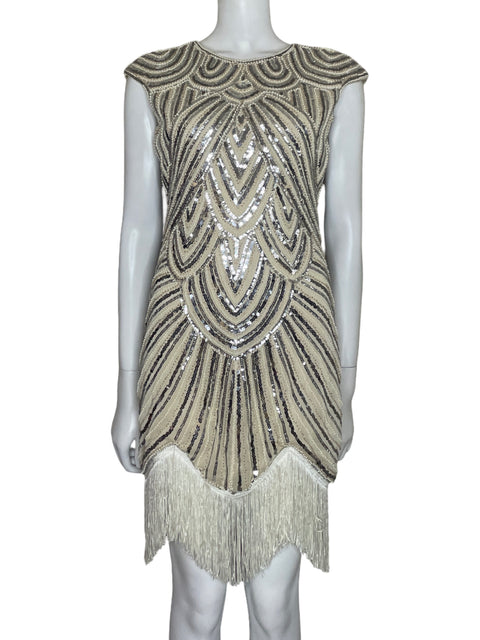 Vestido Tesoro Tps Apliques Flecos Beige - Talla XS