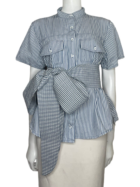 Camisa Cv Diseño Exclusivo Rayas Cinturón Algodón Azul - Talla L