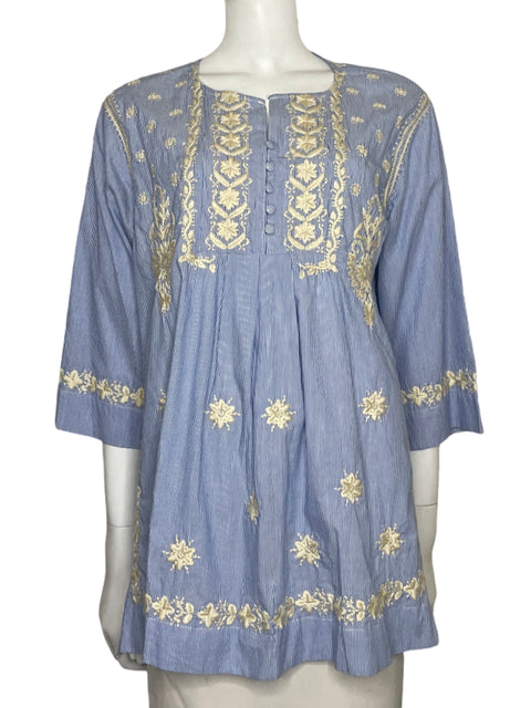 Blusa Nare Moda Rayas Bordada Algodón Azul - Talla U