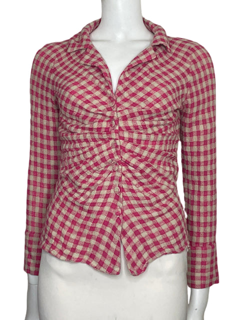 Camisa Zara Drapeada Cuadros Rosado - Talla XS