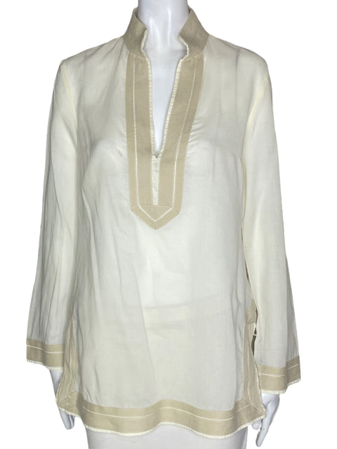 Blusa Tory Burch Liso Cuello v Manga larga Beige - Talla 4