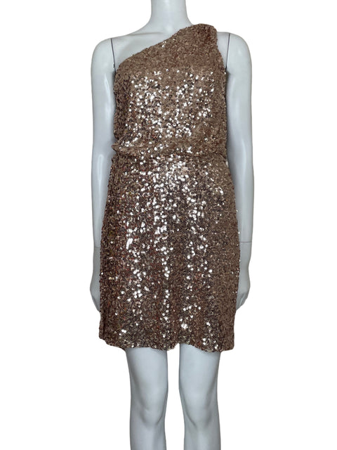 Vestido Aidan Mattox Lentejuelas One shoulder Beige - Talla 6