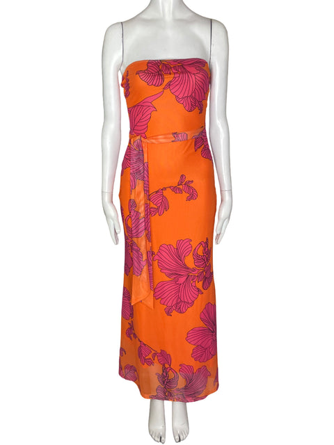 Vestido Tesoro Tps Estampado Strapless Naranja - Talla S