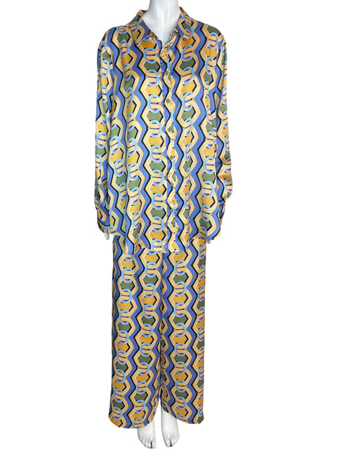 Conjunto Tahari Estampado Cadenas Pantalón/blusa Azul - Talla L