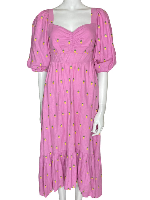 Vestido Farm Abullonado Estampado piña Cuello v Rosado - Talla XS
