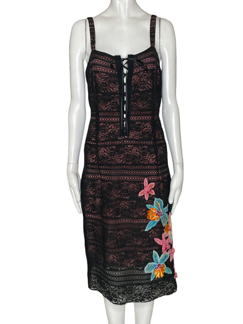 Vestido María Grazia Seven Apliques Florales Midi Negro - Talla S