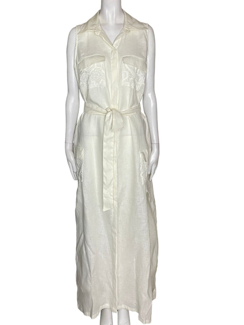 Vestido Studio F de Lino Maxi Sin mangas Fajon Blanco - Talla 10